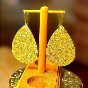 Party, Bling gold glitter earrings on feather light wood, glam, hand made